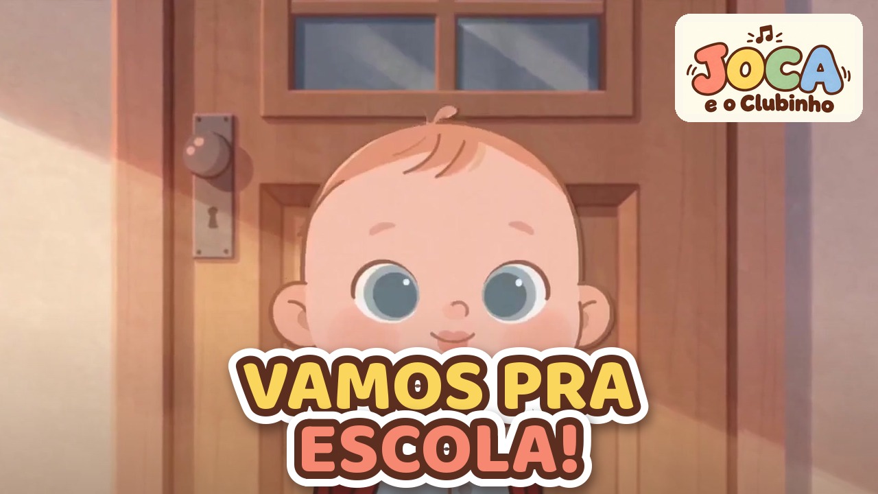 Joca espiando atrás de uma porta de madeira entreaberta, no clipe Lá Vou Eu pra Escola