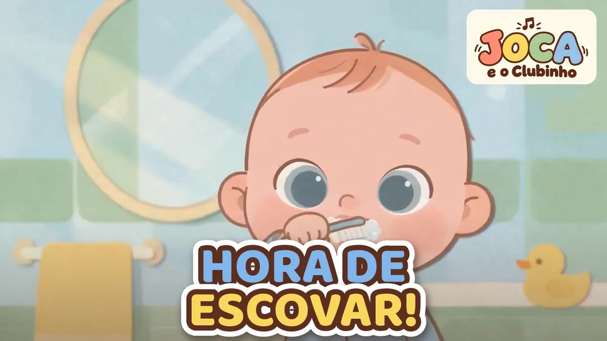 Joca escova os dentes com espuma diante do espelho do banheiro, com um patinho amarelo ao fundo, no clipe Escova, Escovinha