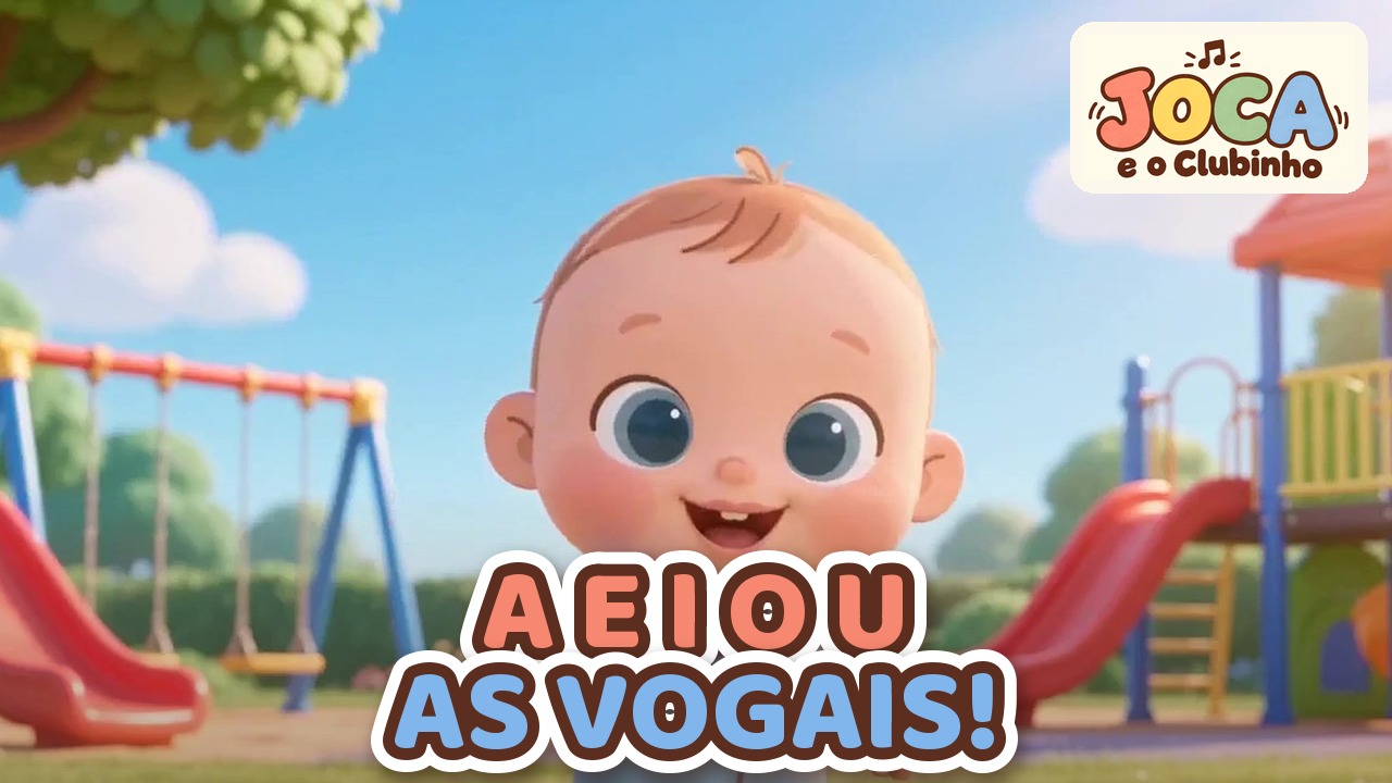 Joca aparece na frente de um parquinho com escorregador vermelho, balanço e árvores, no clipe Cinco Vogais A E I O U