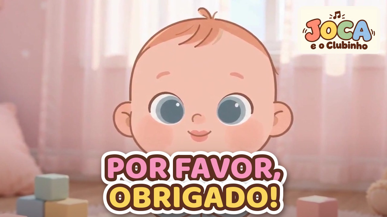 Joca sorrindo num quarto rosado com blocos de montar espalhados, no clipe Quatro Palavrinhas