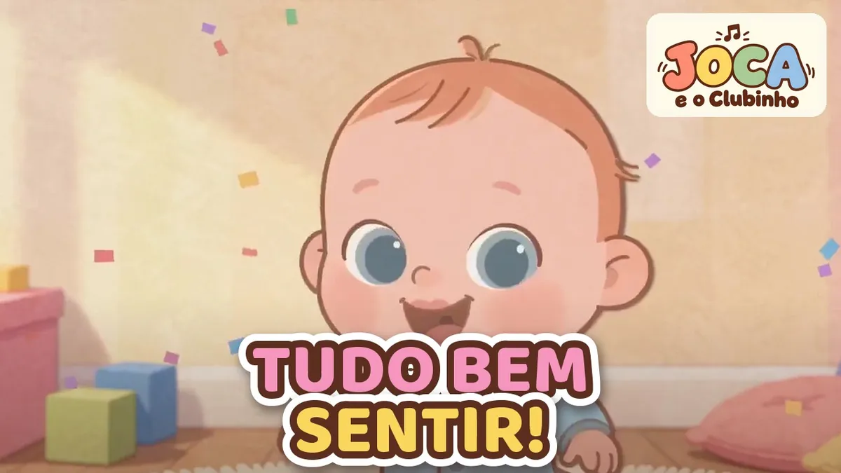 Joca de boca aberta rindo com confetes coloridos ao redor, no clipe Tudo Bem Sentir