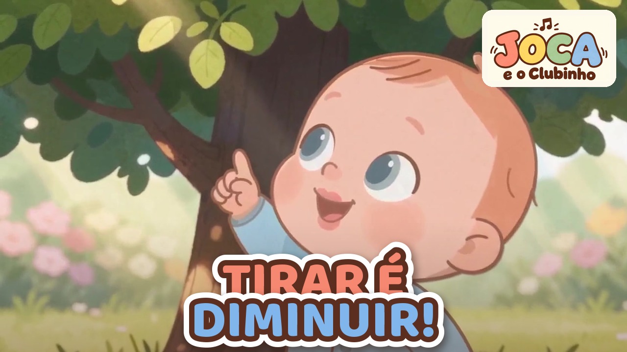 Joca aponta para a copa de uma árvore num campo florido ensolarado, no clipe Tirar É Diminuir