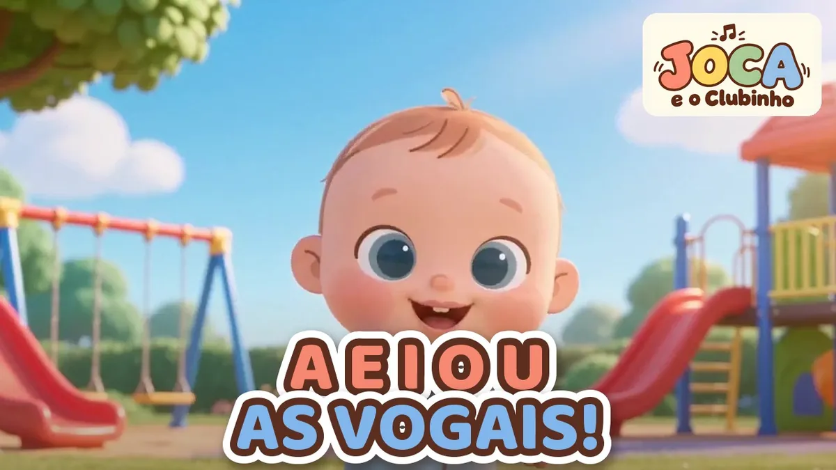 Joca aparece na frente de um parquinho com escorregador vermelho, balanço e árvores, no clipe Cinco Vogais A E I O U