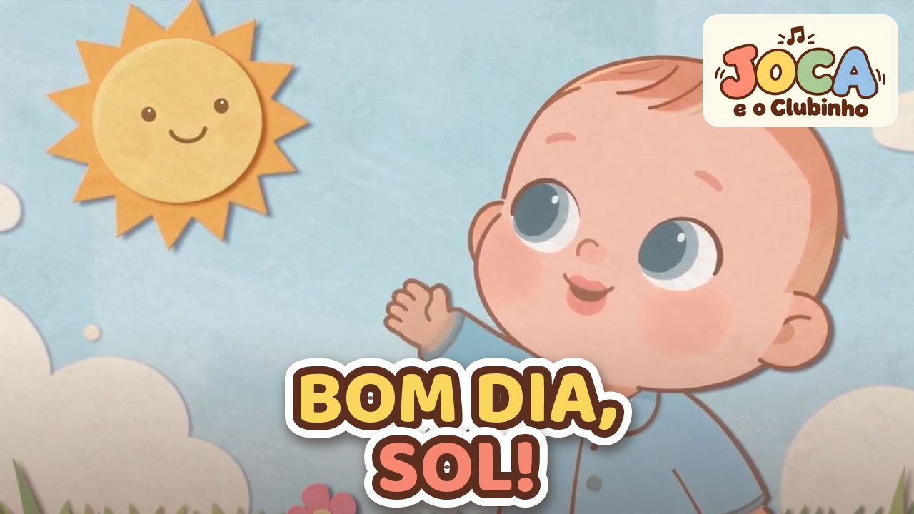 Joca de camiseta azul cumprimenta o sol sorridente num céu claro com nuvens, na abertura do clipe Bom Dia, Sol!