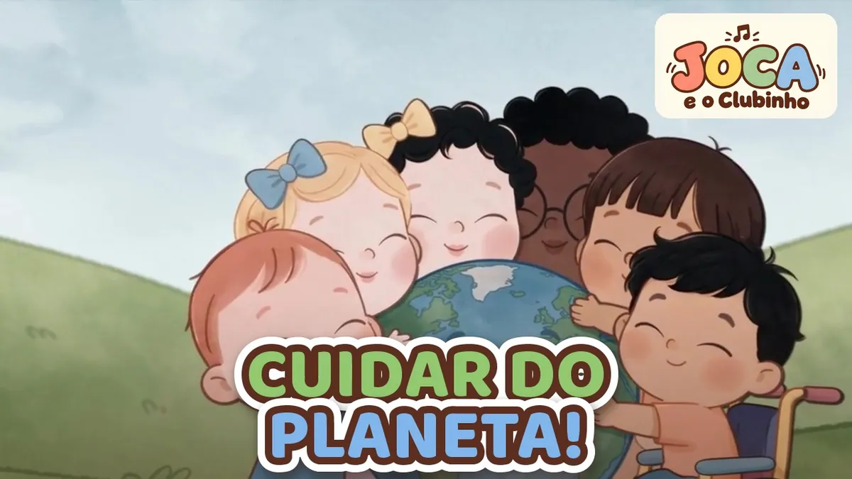 A turma abraçada em volta de um globo terrestre num campo verde, no clipe Nossa Casa