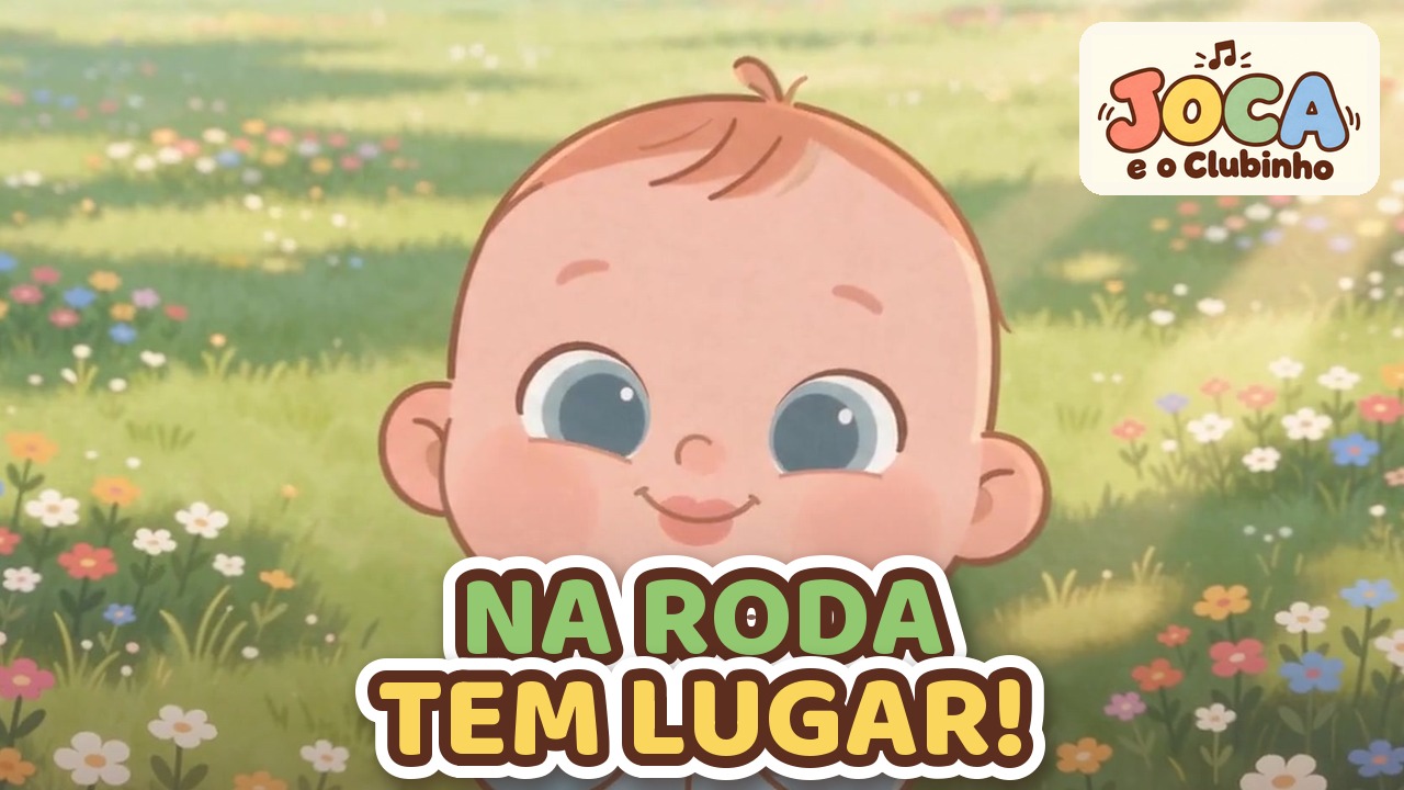 Joca sorrindo num campo coberto de florzinhas coloridas, no clipe Na Roda Tem Lugar